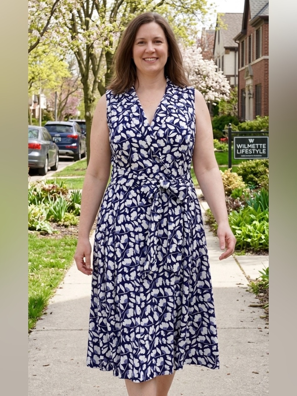Anne Klein Navy and White Floral Midi Wrap Dress